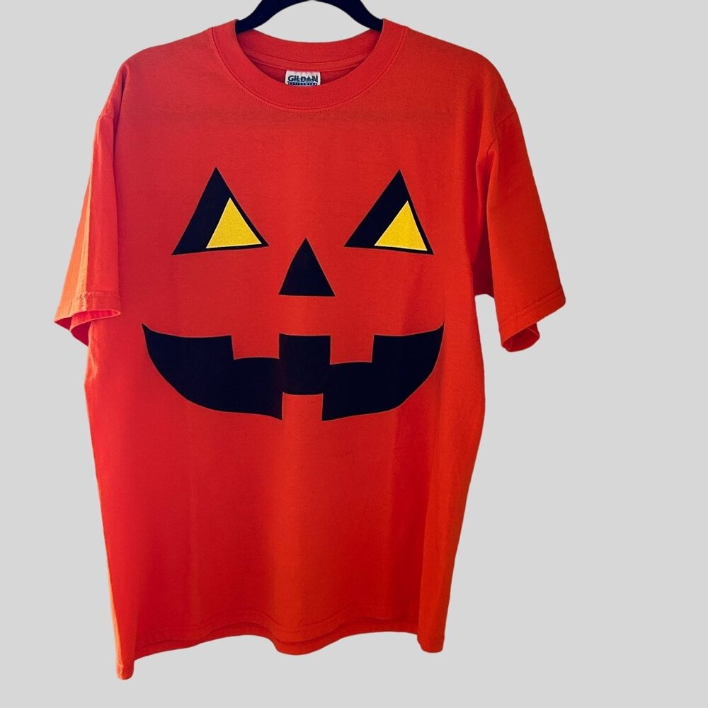 Gildan Halloween Tee T Shirt Pumpkin Jack-O-Lantern‎ Cotton Orange Graphic Adult